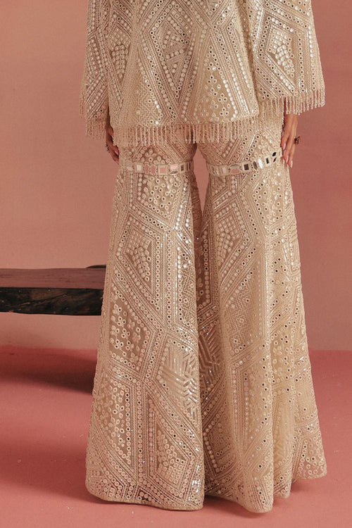 Ivory Hand Embroidered Mirrorwork Sharara