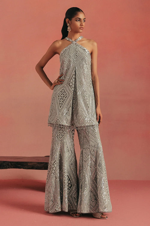 Muted Aqua Mirrorwork Tunic Set