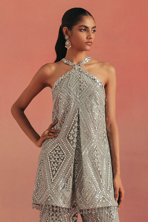 Muted Aqua Mirrorwork Tunic Top