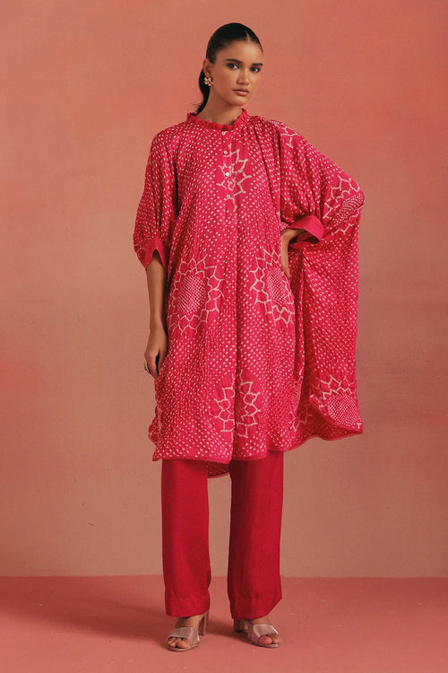 Bubblegum Pink Bandhani Frill Shirt Set