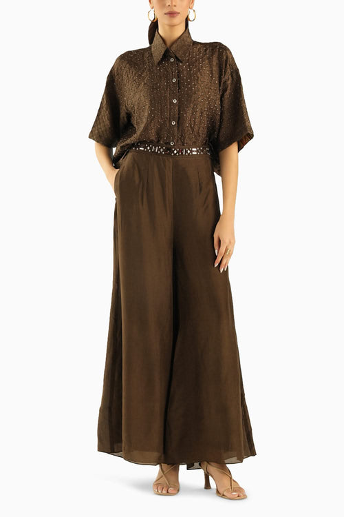 Green Embellished Flared Palazzo