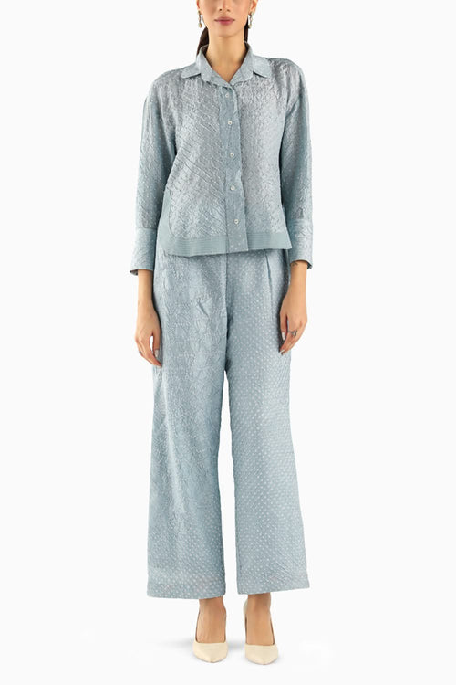 Ice Blue Overlap Shirt with Palazzo