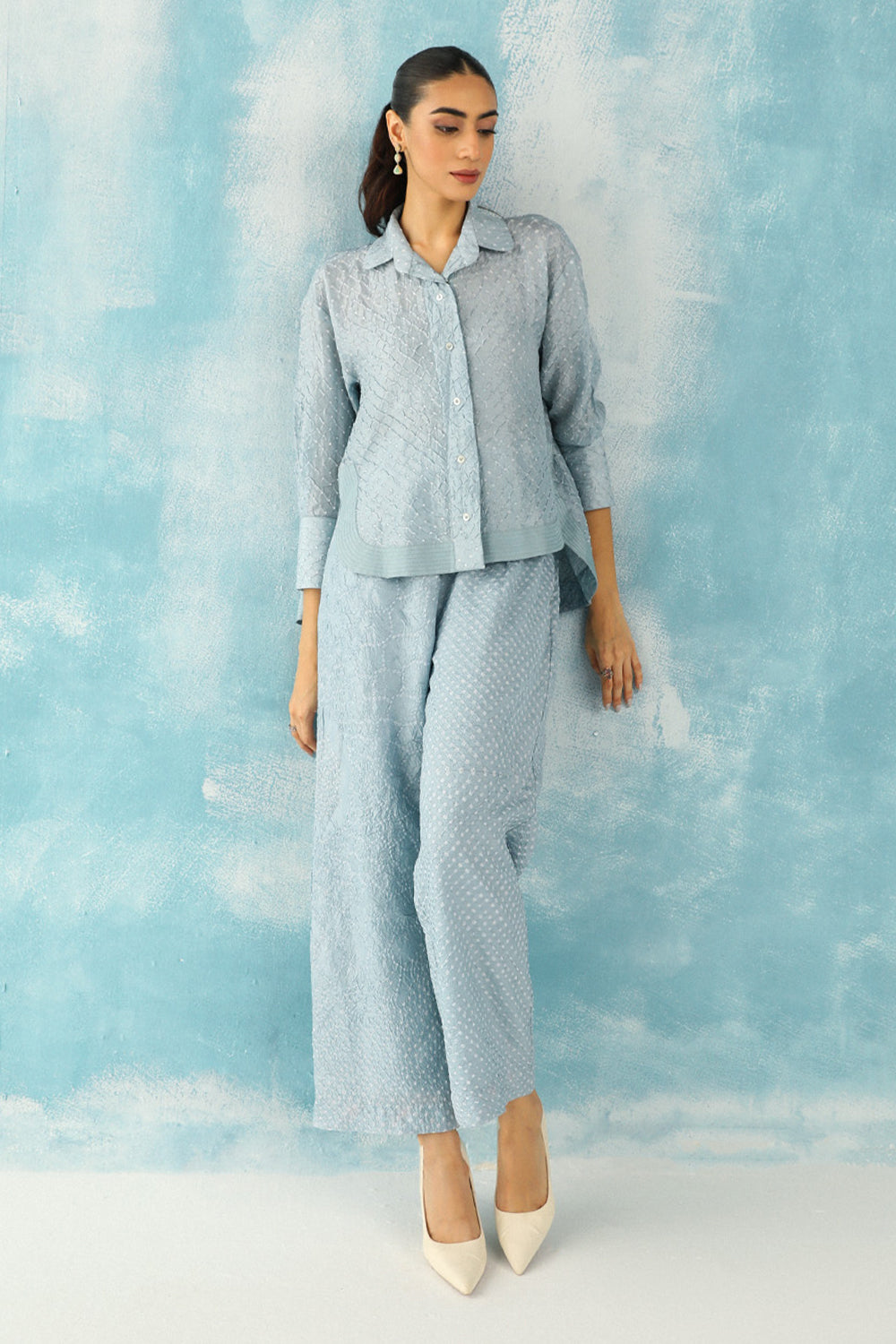 Ice Blue Overlap Shirt with Palazzo