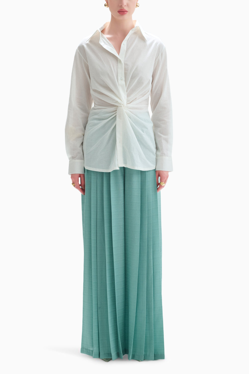 White Cotton Twist Shirt With Ella Pleated Pants