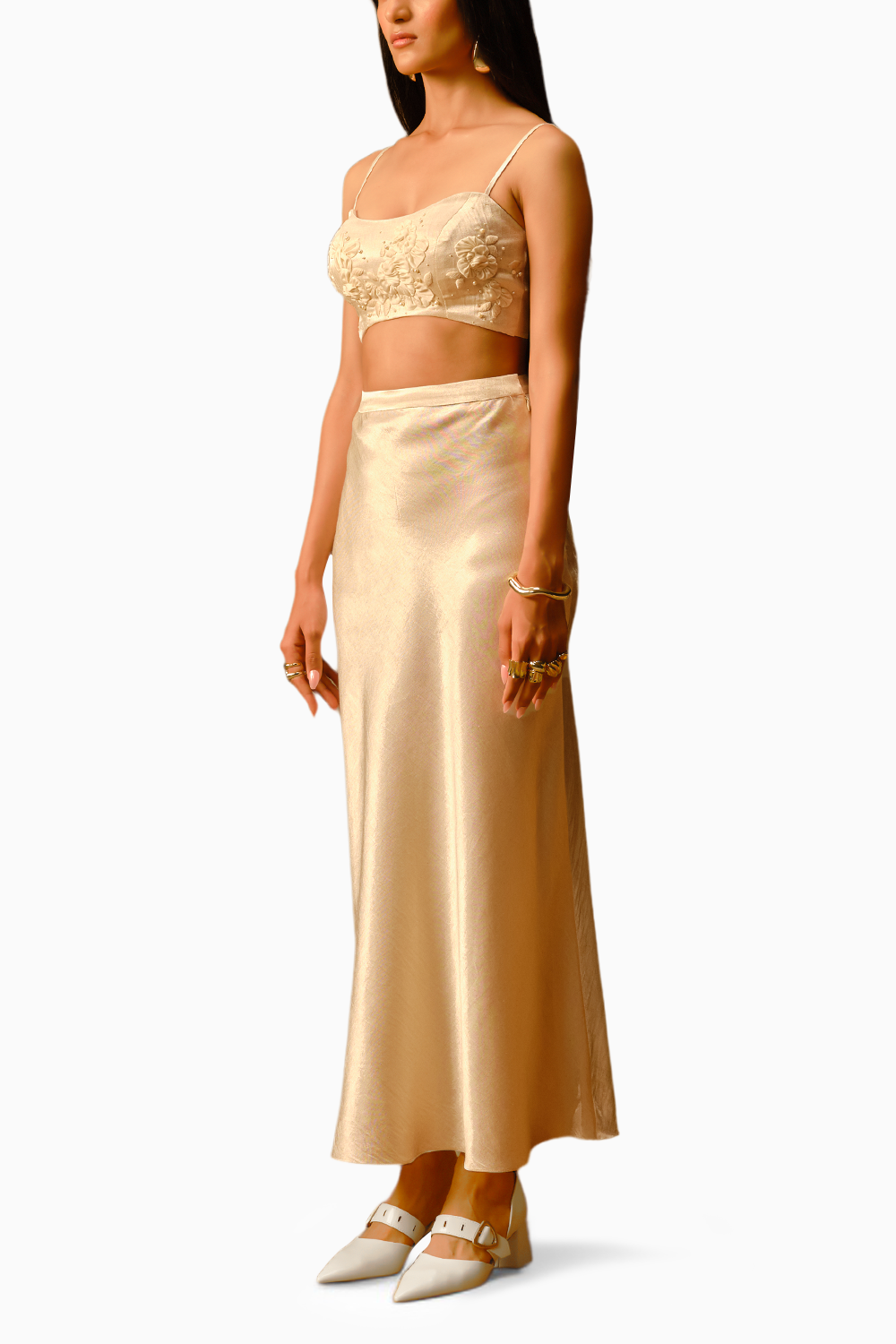 Rose Embroidered Crop Top With Moony Skirt