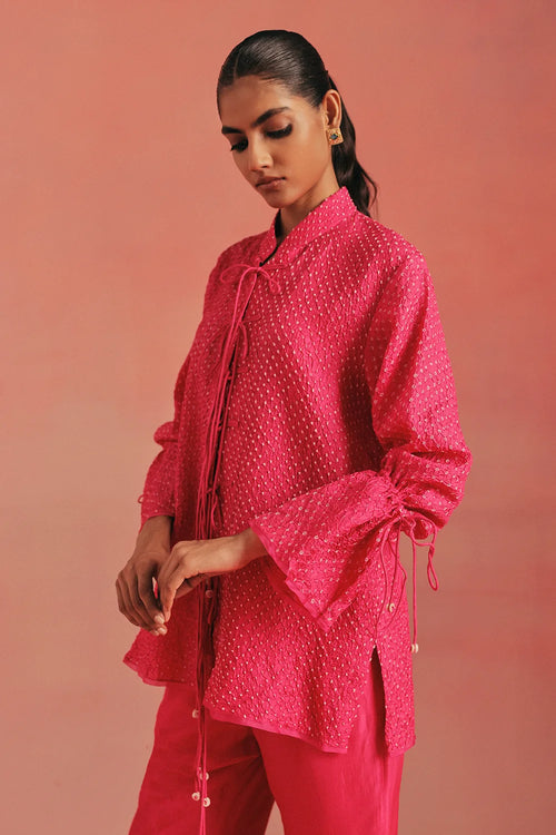 Bubblegum Pink Crushed Bandhani Tie-Up Tunic
