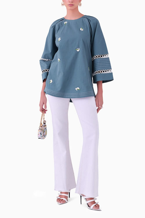 Quincy Petrol and White Top and Pearl Denim