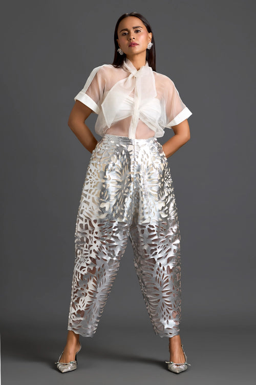 White Sheer Top and Silver Laser-Cut Tapered Pants Set