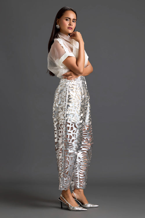 White Sheer Top and Silver Laser-Cut Tapered Pants Set