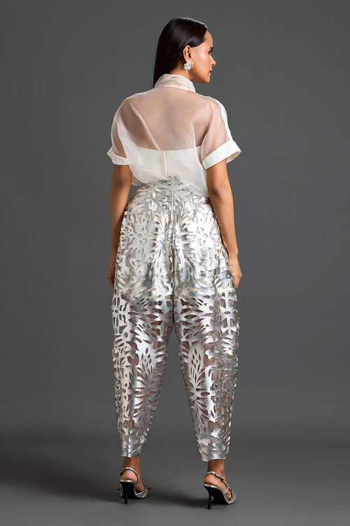 White Sheer Top and Silver Laser-Cut Tapered Pants Set