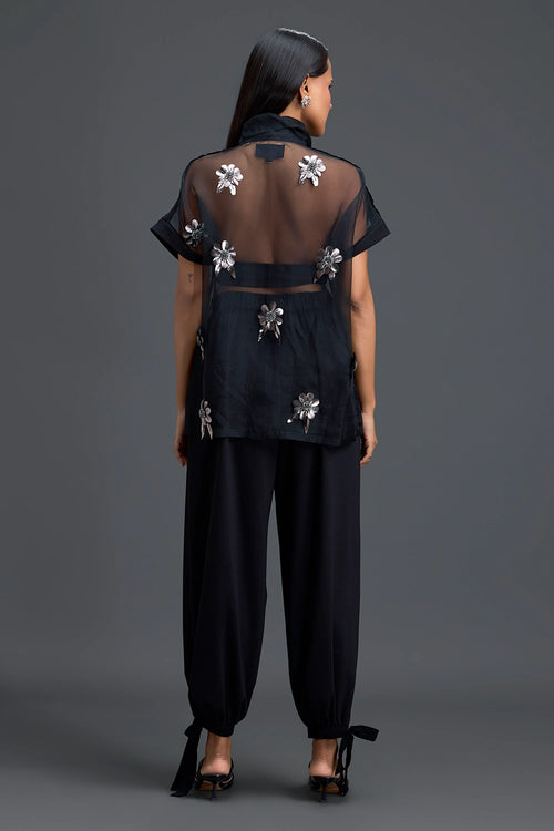 Black Sheer Floral Top and Black Pants Set