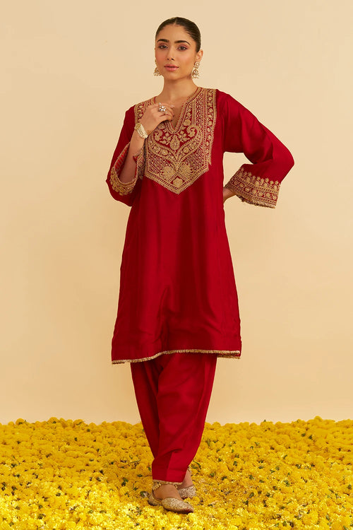 Mehza Deep Red Short Chauga With Salwar