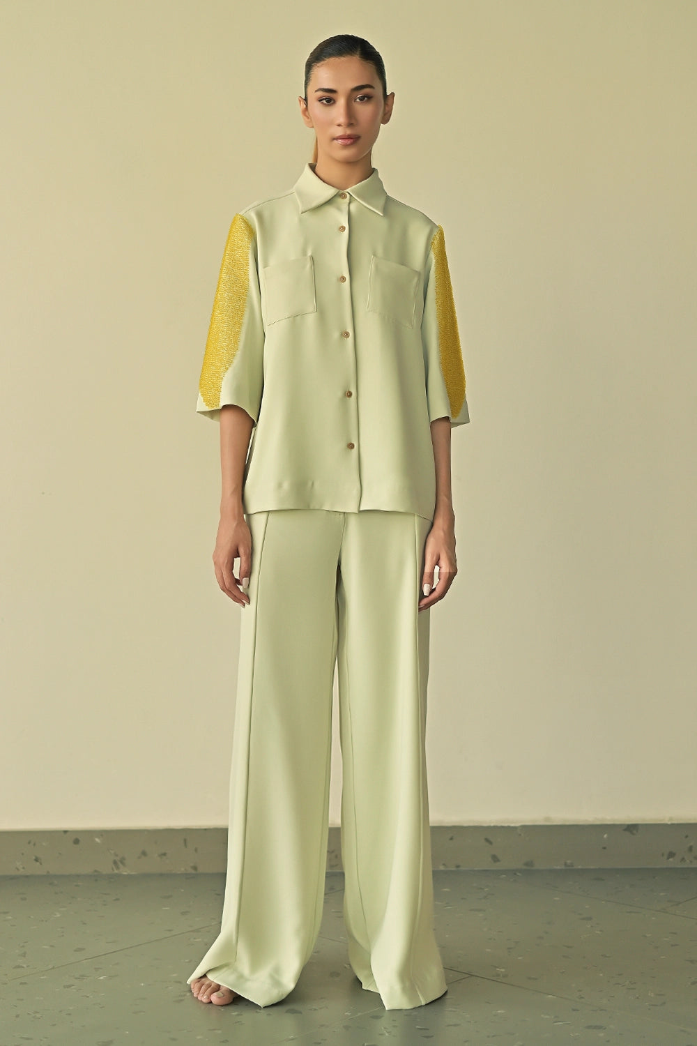 Mint Green Crystal Patch Pocket Shirt with Parallel Trousers