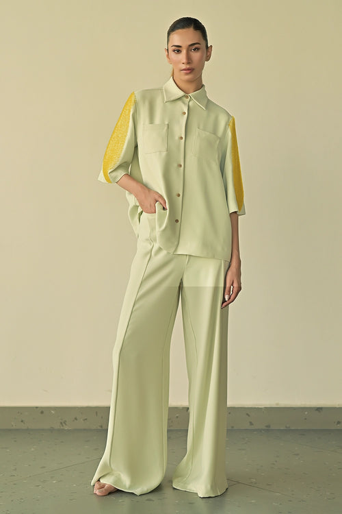 Mint Green Crystal Patch Pocket Shirt with Parallel Trousers