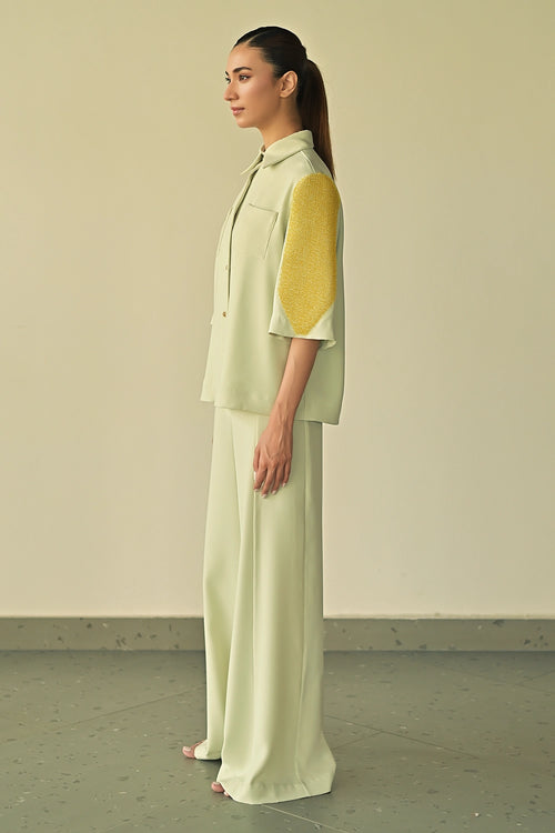 Mint Green Crystal Patch Pocket Shirt with Parallel Trousers