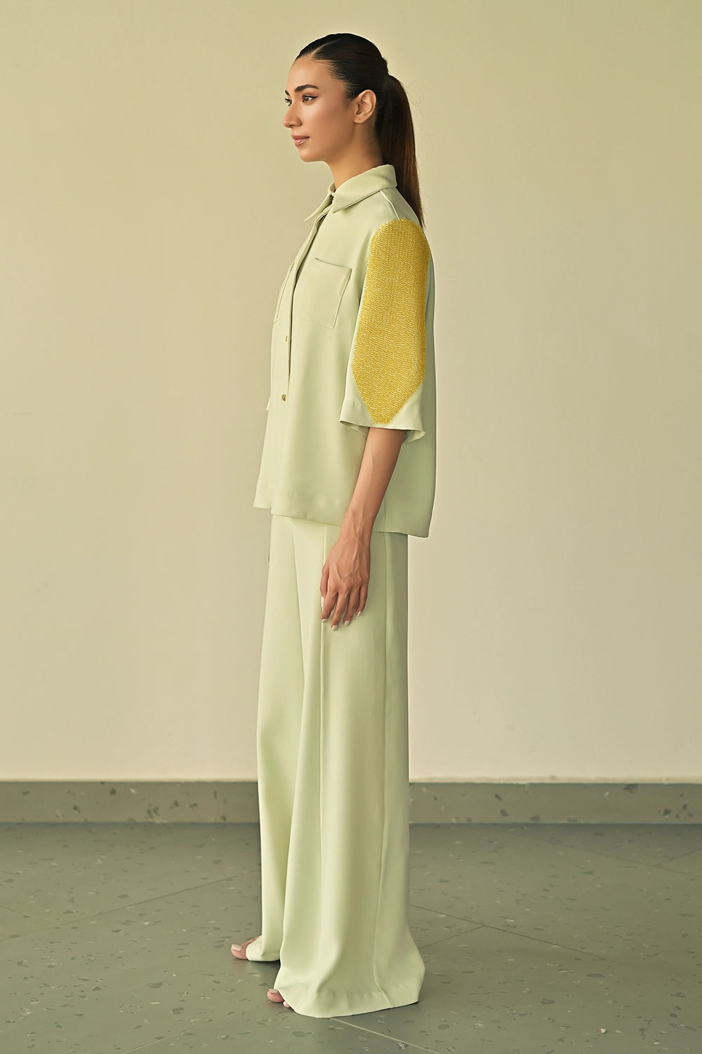 Mint Green Crystal Patch Pocket Shirt with Parallel Trousers