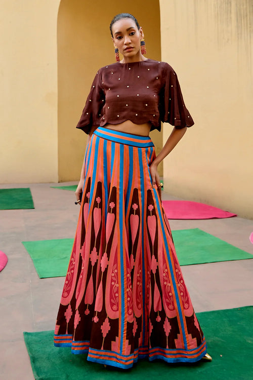 Brown Pink Kilim Lehenga Set