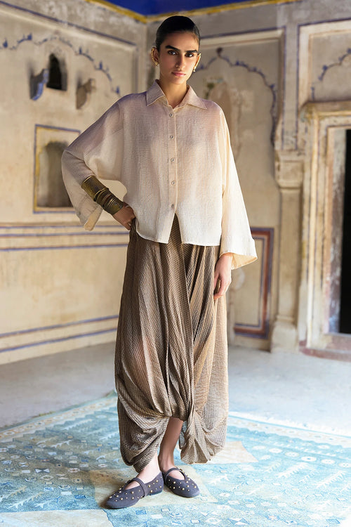 Benares Tissue Structured Shirt with Embroidered Bib and Cowl Drape Pant