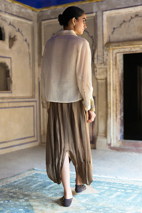 Benares Tissue Structured Shirt with Embroidered Bib and Cowl Drape Pant