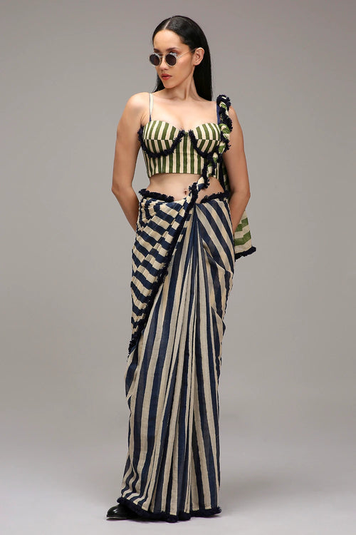 Egg-Shell Corset & Dual Striped Saree Set (2 PCS)