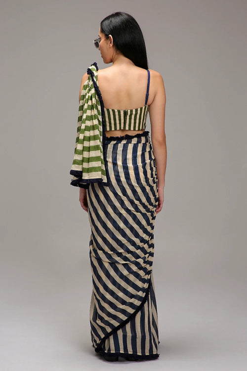 Egg-Shell Corset & Dual Striped Saree Set (2 PCS)