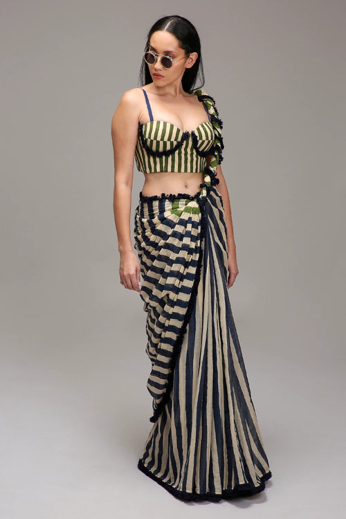 Egg-Shell Corset & Dual Striped Saree Set (2 PCS)