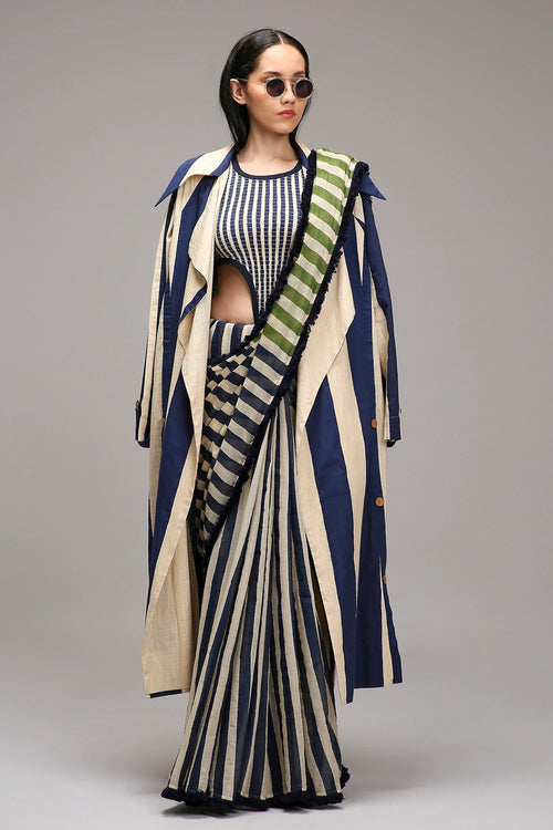 Egg-Shell Bodysuit with Trench & Dual Striped Saree Set (3 PCS)