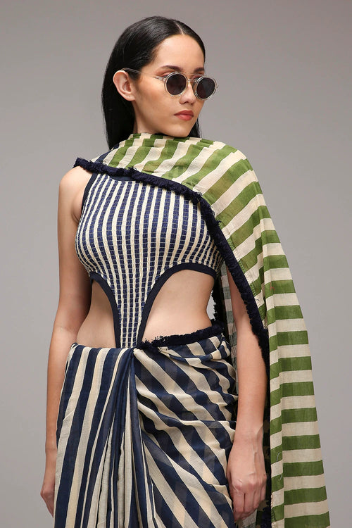 Egg-Shell Bodysuit with Trench & Dual Striped Saree Set (3 PCS)