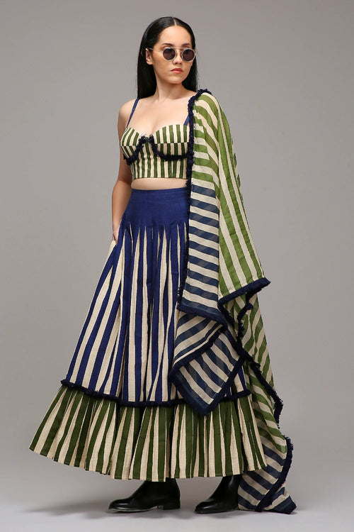 Egg-Shell Corset Dual Striped Stole Skirt Set (3 PCS)