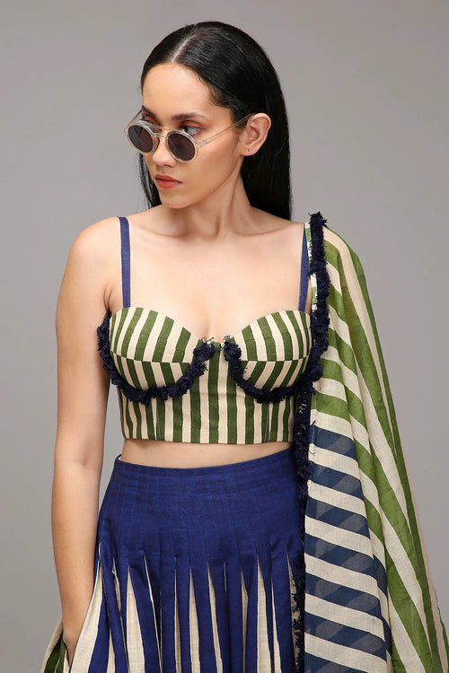 Egg-Shell Corset Dual Striped Stole Skirt Set (3 PCS)
