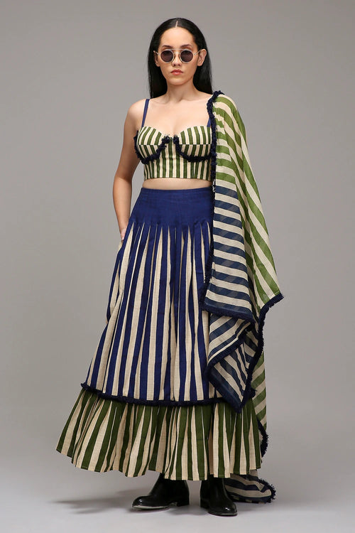 Egg-Shell Corset Dual Striped Stole Skirt Set (3 PCS)