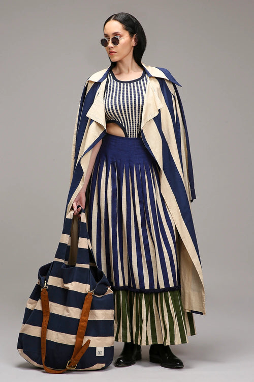 Egg-Shell Trench Bodysuit Dual Striped Skirt Set (3 PCS)