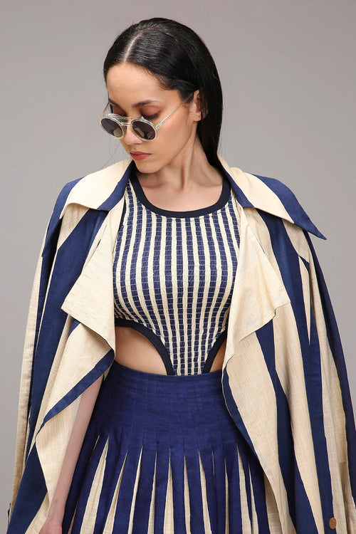 Egg-Shell Trench Bodysuit Dual Striped Skirt Set (3 PCS)