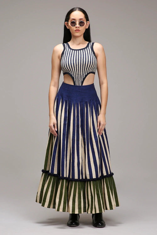 Egg-Shell Trench Bodysuit Dual Striped Skirt Set (3 PCS)