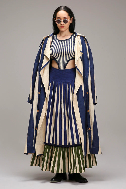 Egg-Shell Trench Bodysuit Dual Striped Skirt Set (3 PCS)
