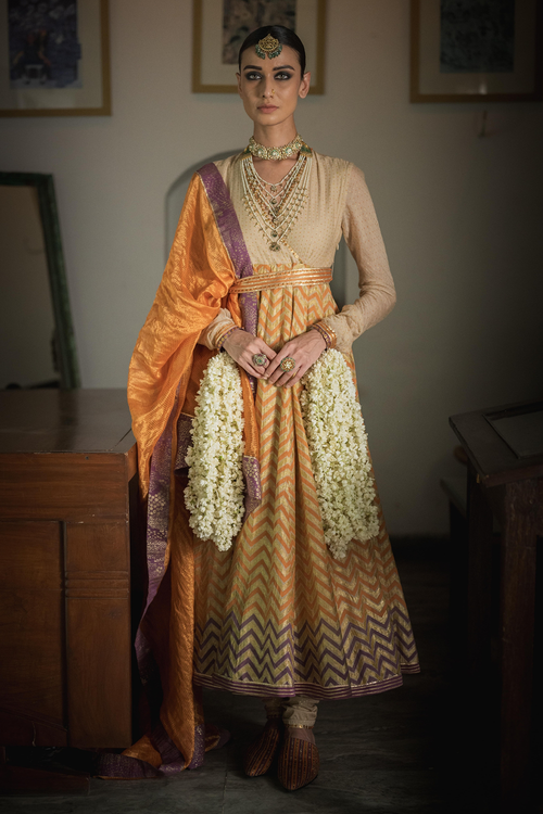 Kesaria Orange and Jamun Purple Gold Jaafi Kurta