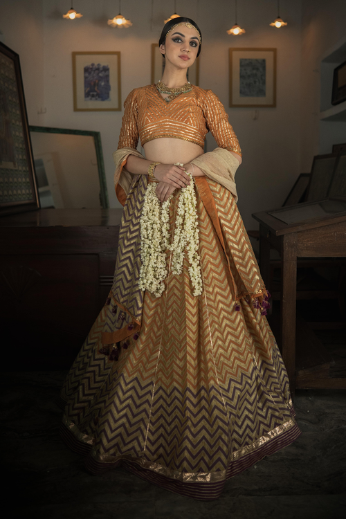 Kesaria Orange and Jamun Purple Gold Sindhu Skirt
