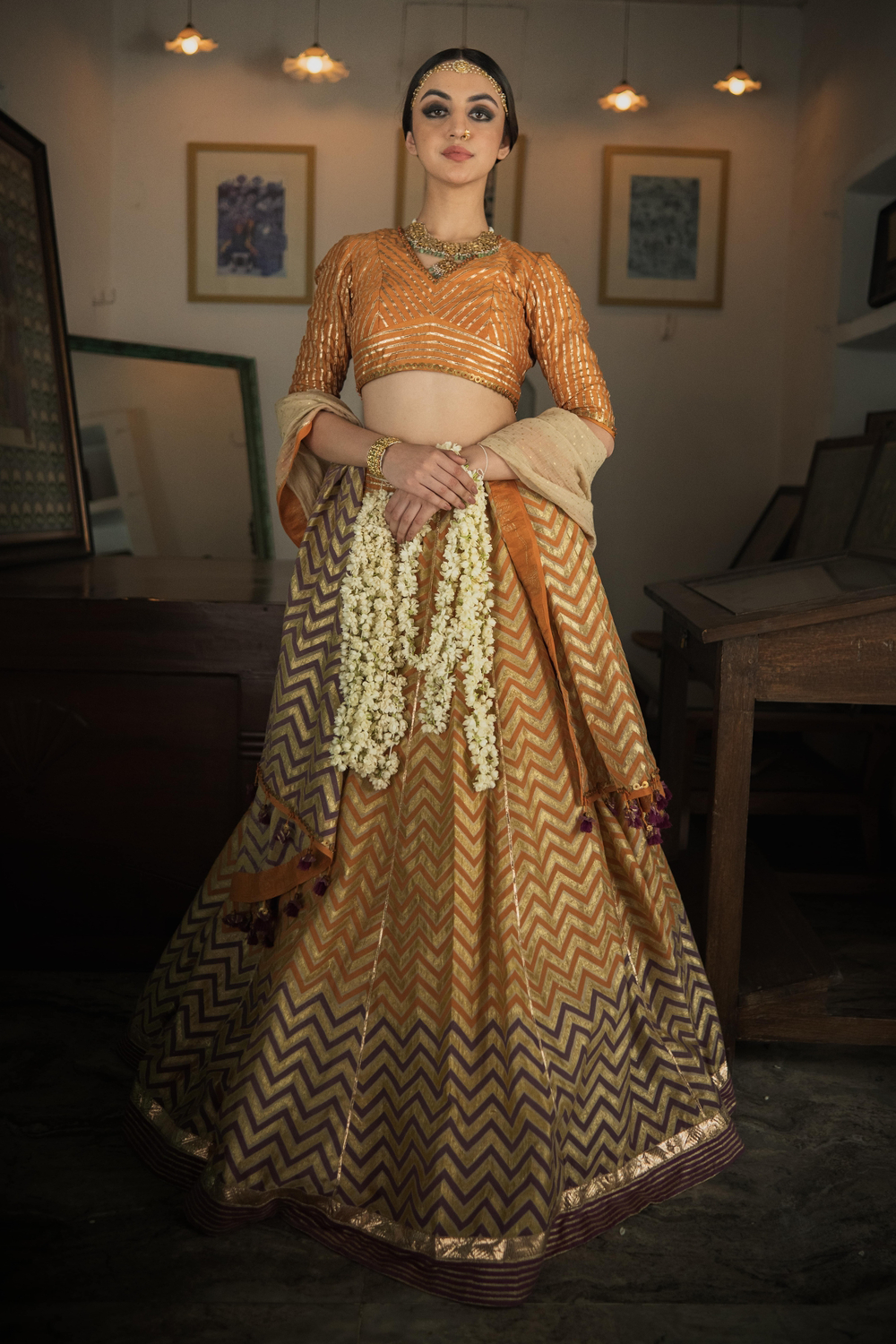 Kesaria Orange and Jamun Purple Gold Sindhu Skirt