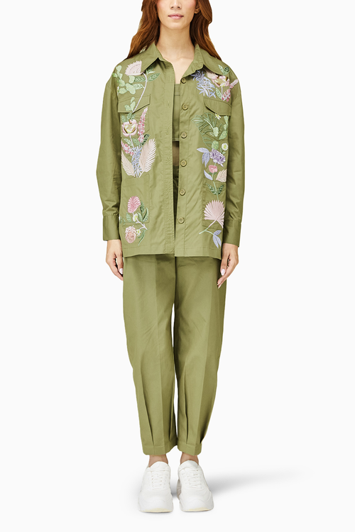 Floral Green Khaki Shirt and Pants