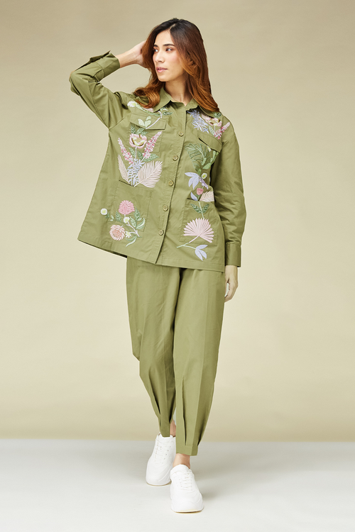 Floral Green Khaki Shirt and Pants