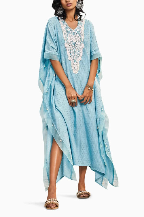 Breezy Tropical Blue Cotton Kaftan