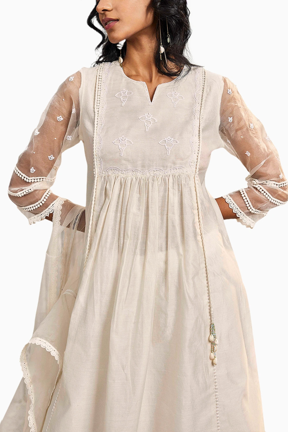 Shell white Chanderi Gathered Kurta with Pant