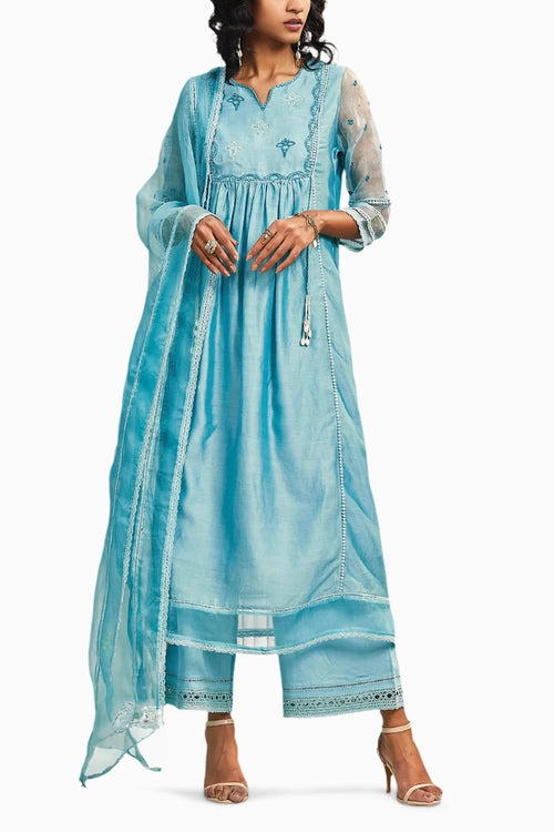 Blue Chanderi Gathered Kurta with Pant