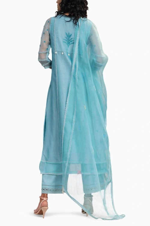 Blue Chanderi Gathered Kurta with Pant