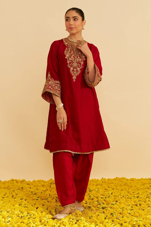 Marwa Deep Red Short Chauga With Salwar