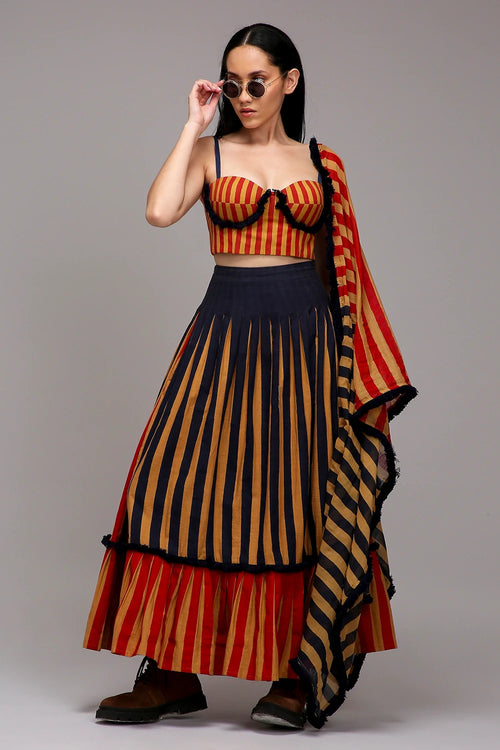 Tan-Brown Corset Dual Striped Stole Skirt Set (3 PCS)