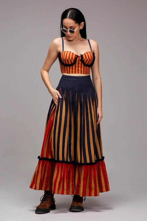Tan-Brown Corset Dual Striped Stole Skirt Set (3 PCS)