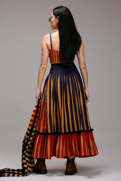 Tan-Brown Corset Dual Striped Stole Skirt Set (3 PCS)