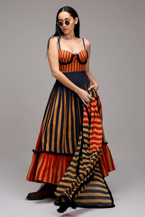 Tan-Brown Corset Dual Striped Stole Skirt Set (3 PCS)