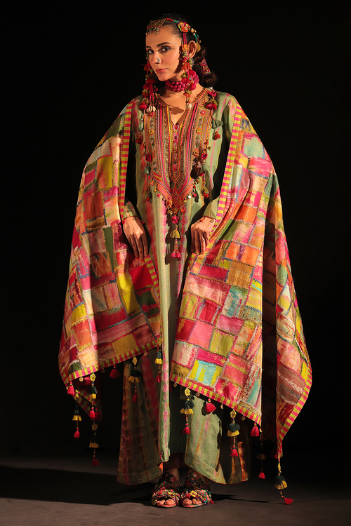 Patchwork Odhni with Embellished Long A-Line Dress